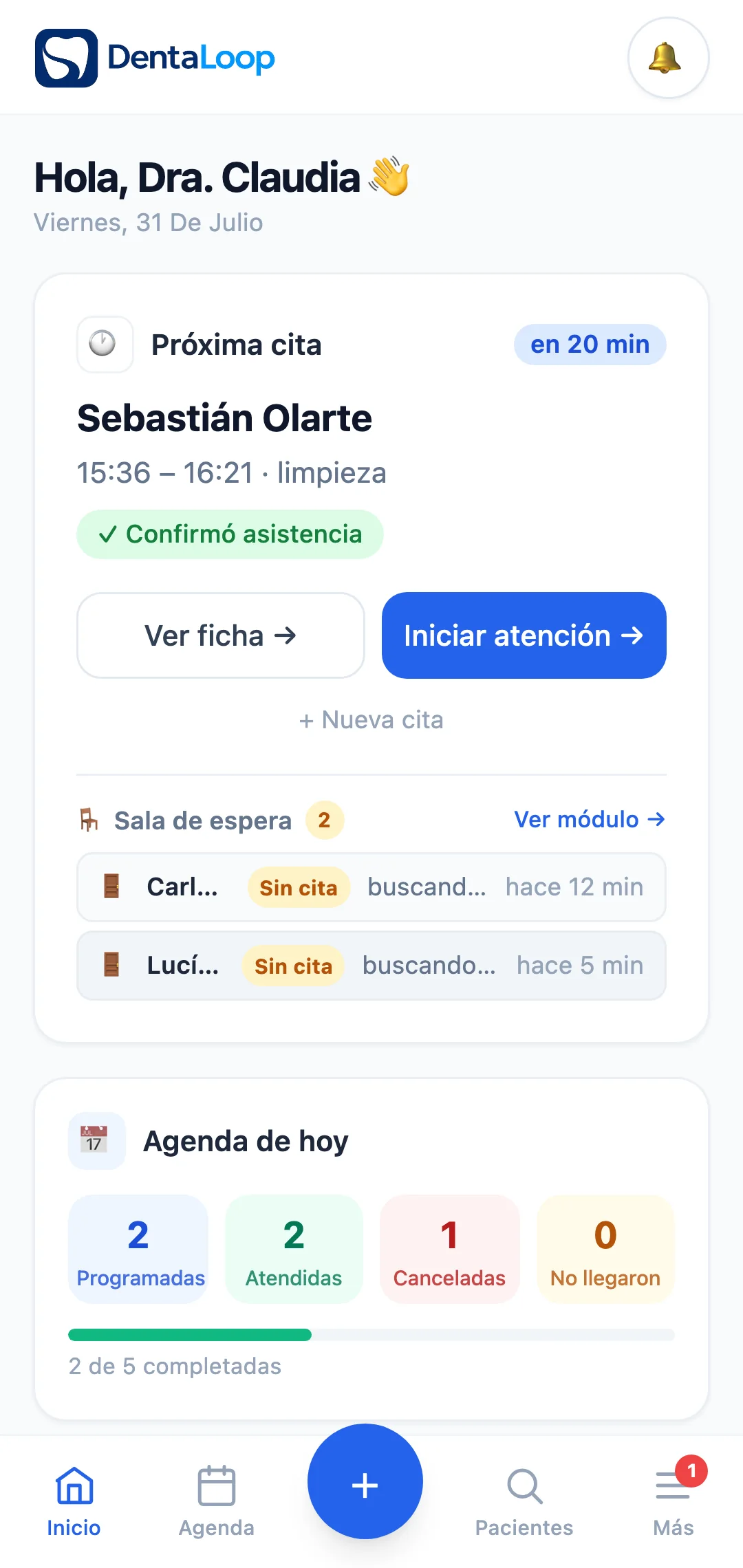 Inicio de DentaLoop: la próxima cita del día, la sala de espera y el resumen de la agenda